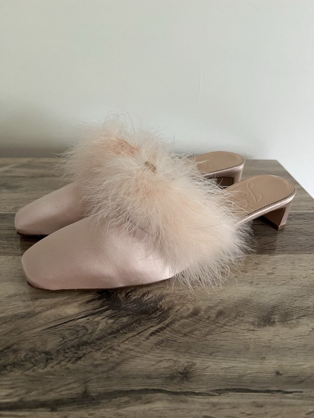 J.Crew Layla Satin Mules Pumps With Feather Light Pink Size 11 Slip on Holiday